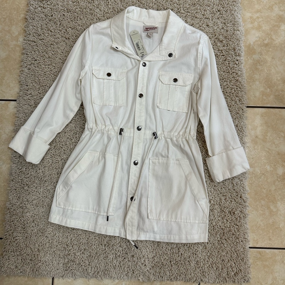 New Arizona Jean Co Womens White Chino Jacket Drawstring Waist &Pockets Size M